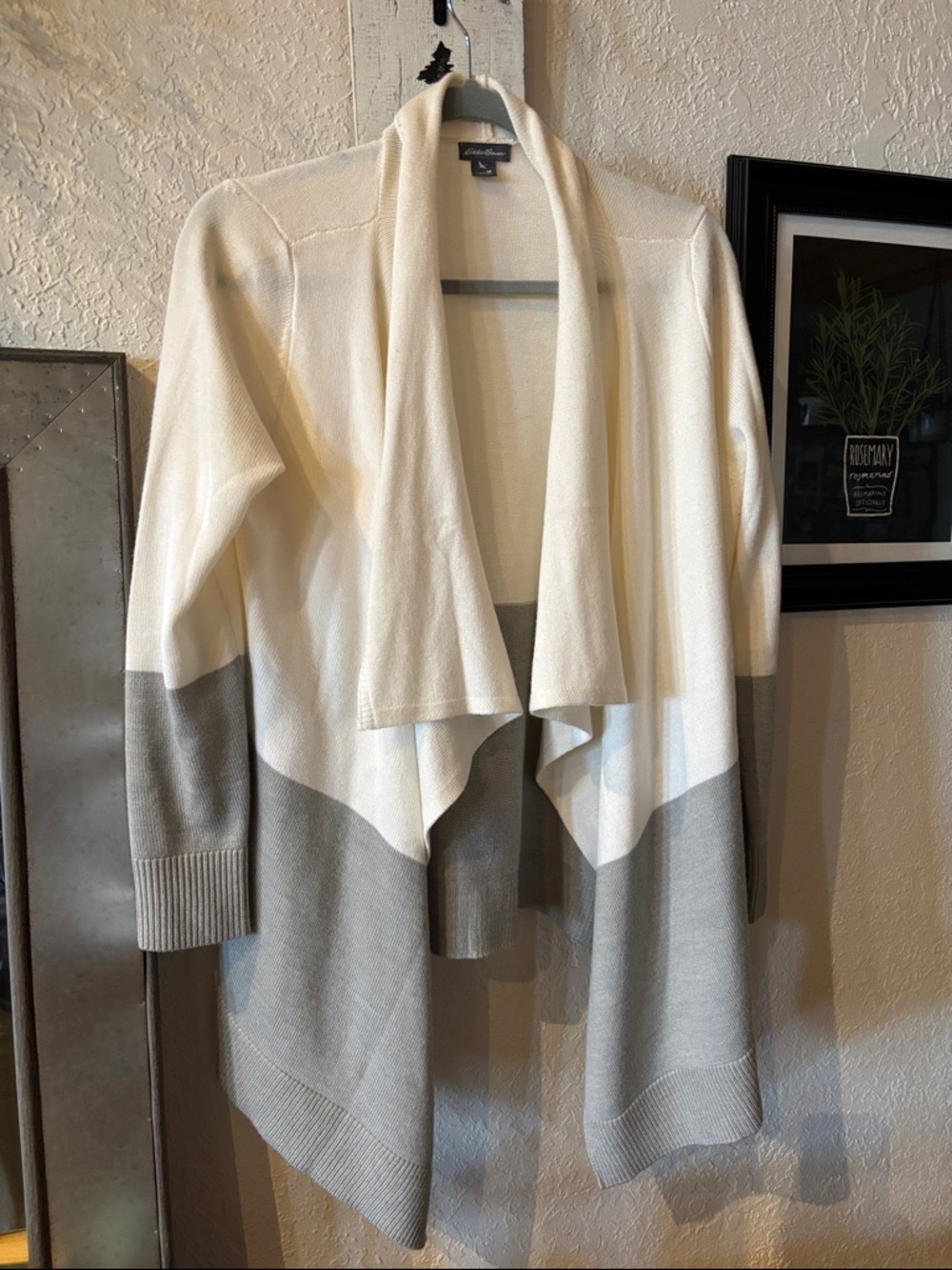 Eddie Bauer Cream and Gray Draped Open-Front Cardigan